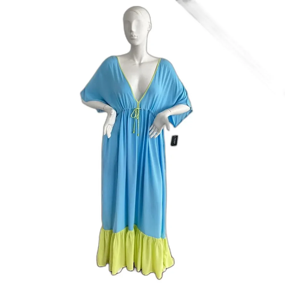 Kate Spade New York Midi Cover Up Tiered Dress Color Block Blue Green XL